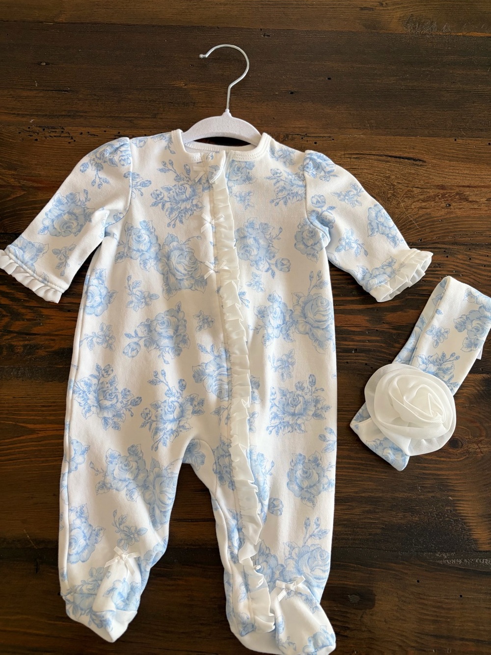Little Me White Footed One-Piece with Light Blue Floral Print